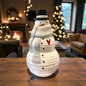 Demdaco Snowman Red Heart Cream Ceramic Cookie Jar - Simply Snowy Collection